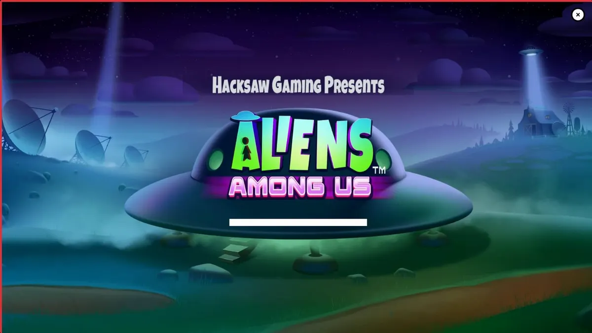 Tampilan layar slot Aliens Among Us dari Hacksaw Gaming dengan agen FBI dan alien hijau di kota malam.
