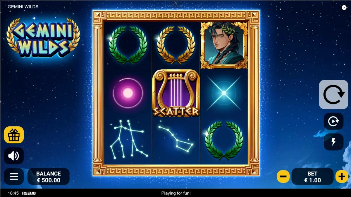 Tampilan visual slot Gemini Wilds dengan tema mitologi Yunani dan konstelasi bintang